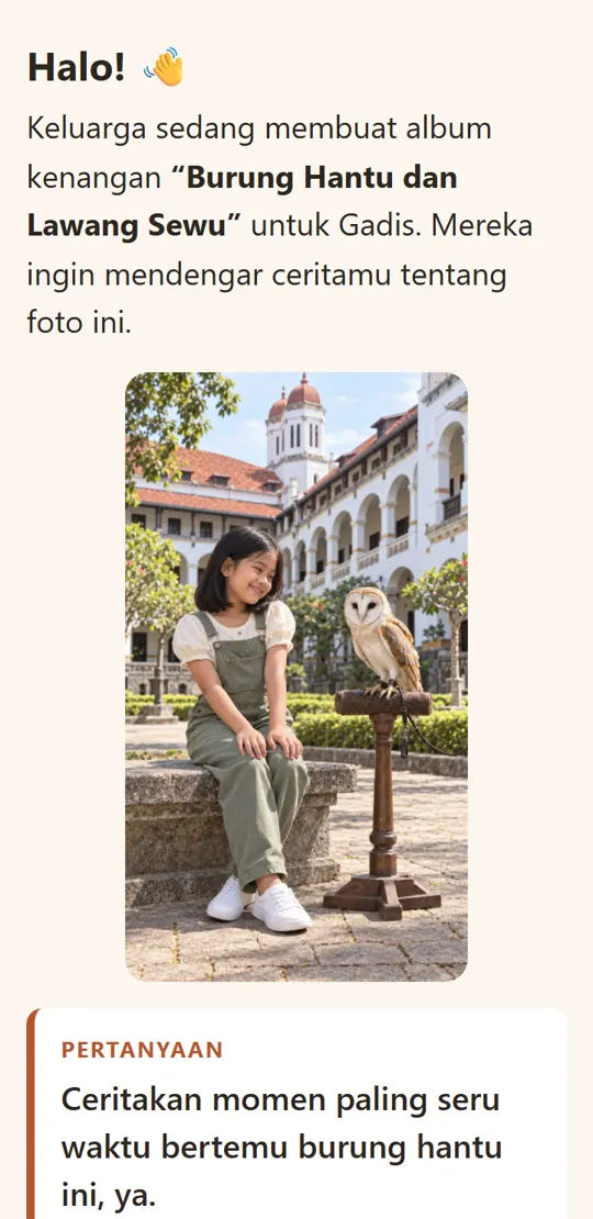 Halaman rekam untuk orang tua dengan foto dan pertanyaan