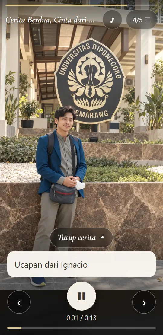 Ucapan dari keponakan di depan kampusnya, dengan tombol putar suara