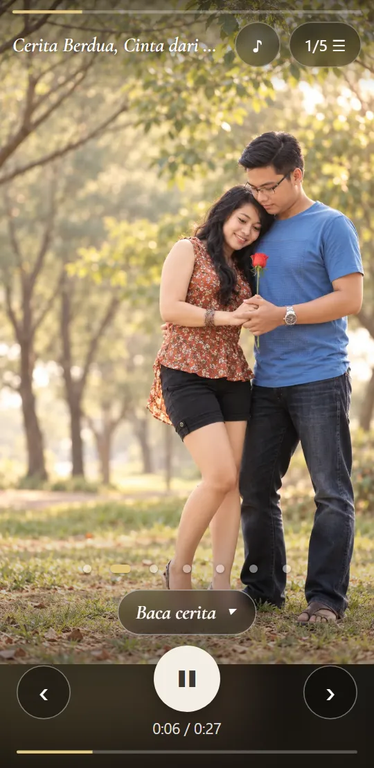 Foto pasangan di taman, dengan titik penanda 7 foto yang berganti mengikuti suara