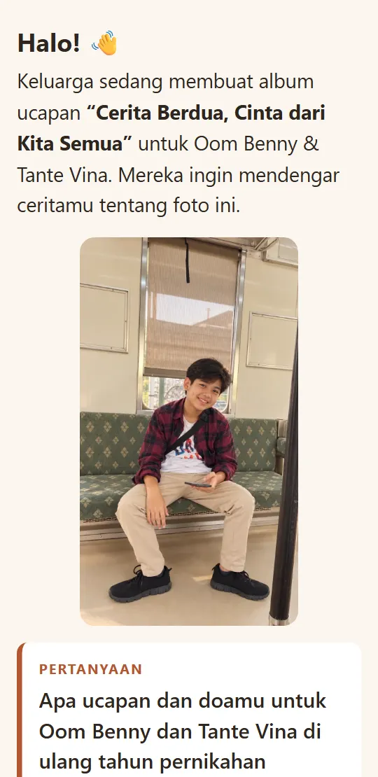 Halaman rekam di HP keponakan: fotonya dan pertanyaan ucapan untuk Oom Benny dan Tante Vina
